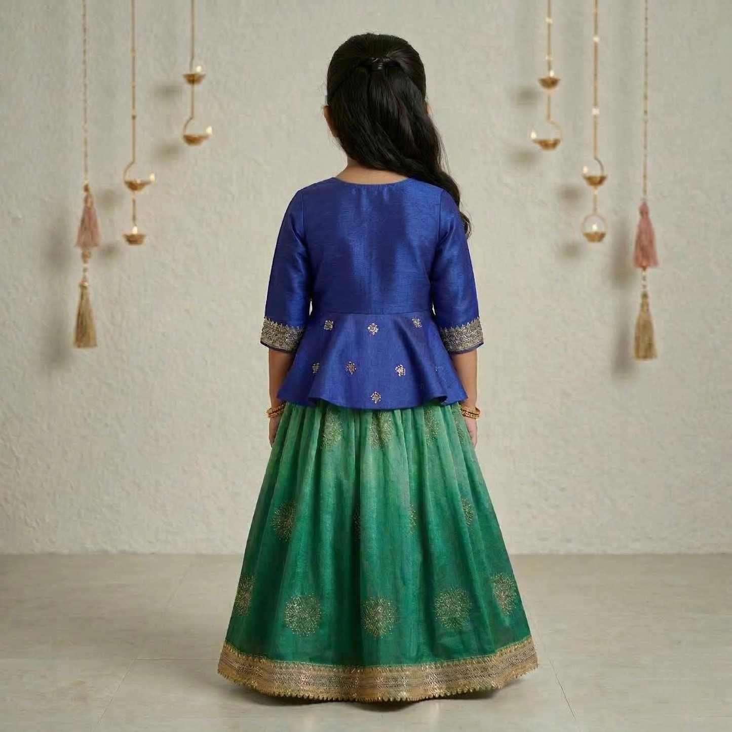 Gold Zari and Sequence Work Peplum Top with Shaded Lehenga. - My Store