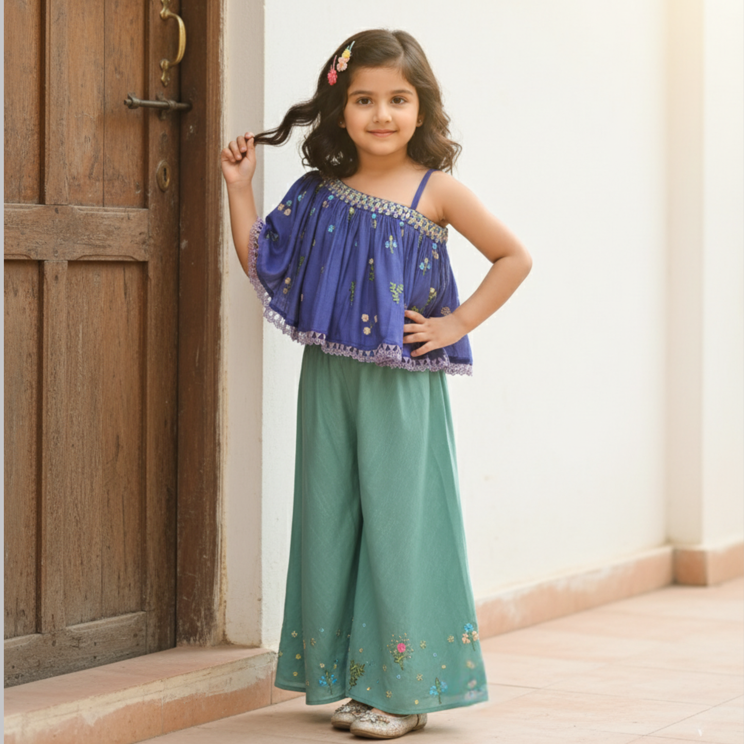 Multicolored Thread Embroidered One Shoulder Top with Palazzo. - My Store