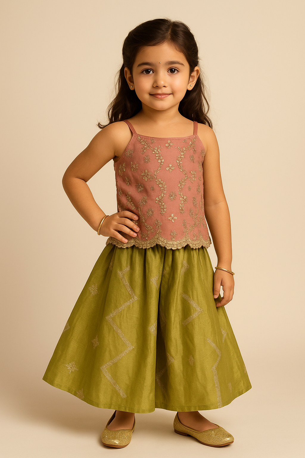 Embroidered Scallop-Hem Top aired with Flared Palazzo Pants. - My Store