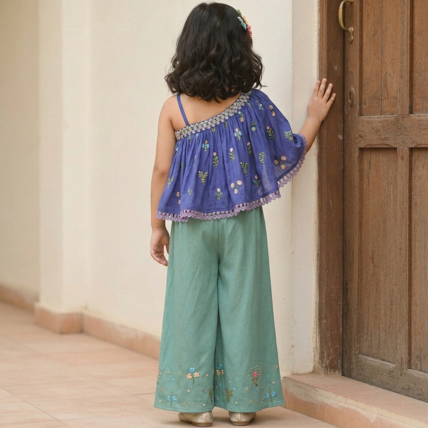 Multicolored Thread Embroidered One Shoulder Top with Palazzo. - My Store