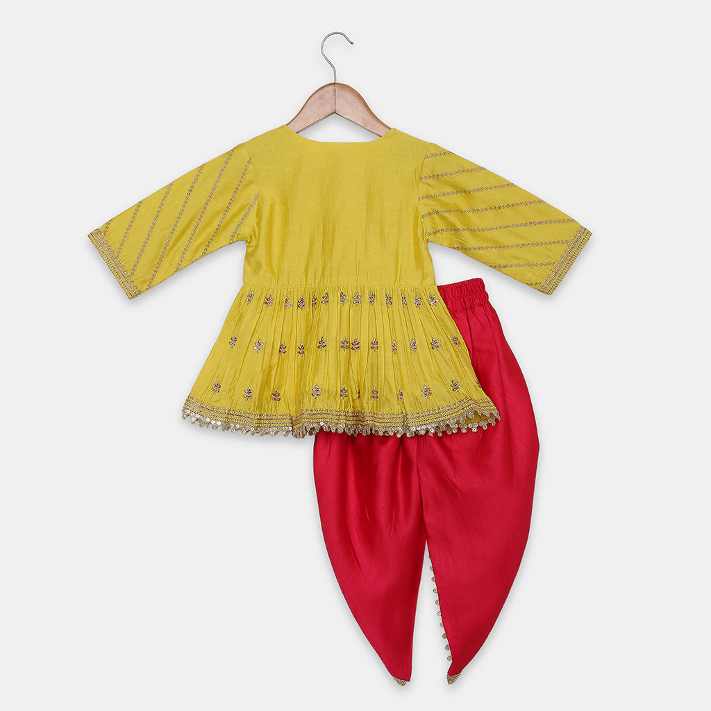 Gold Zari-Embroidered Peplum-Style Top Paired with a Classic Dhoti. - My Store