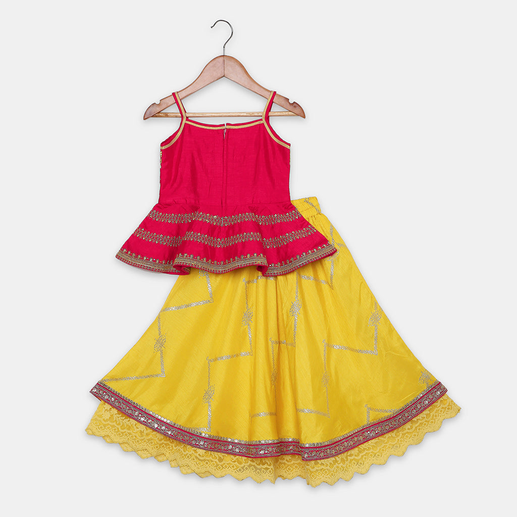 Flared Peplum Top with Gold Zari Embroidery, Paired with a Flared Lehenga. - My Store