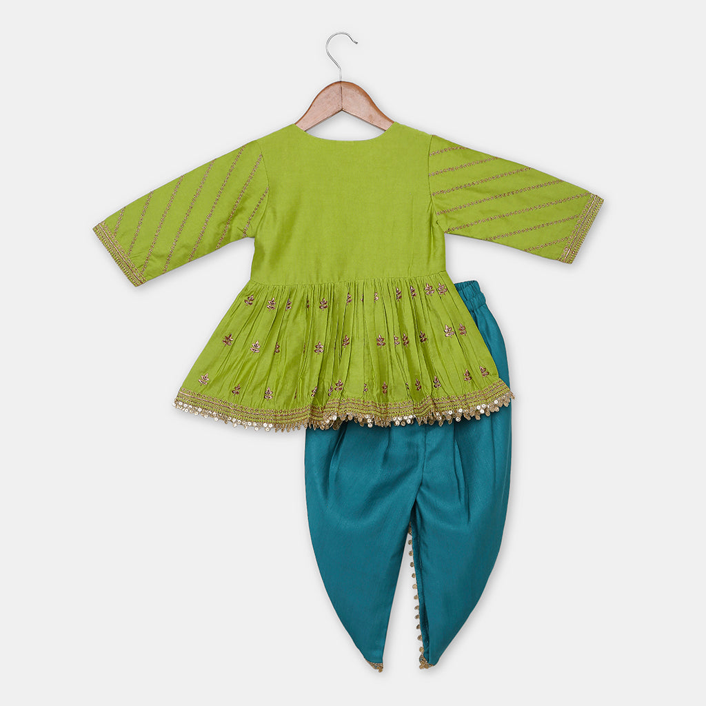 Gold Zari-Embroidered peplum-style top paired with a classic Dhoti. - My Store