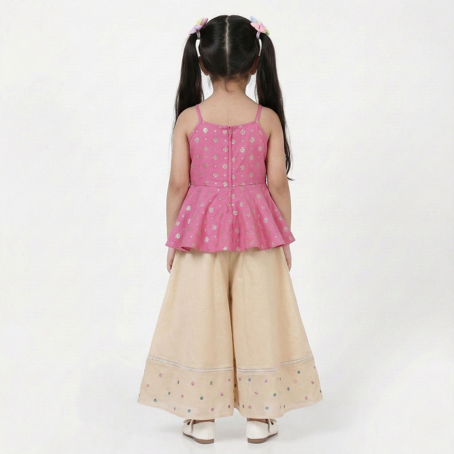 Flared Peplum Chanderi Top Featuring Delicate Motifs work, Paired with Embroidered Flared Palazzos. - My Store