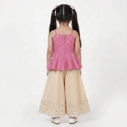 Flared Peplum Chanderi Top Featuring Delicate Motifs work, Paired with Embroidered Flared Palazzos. - My Store