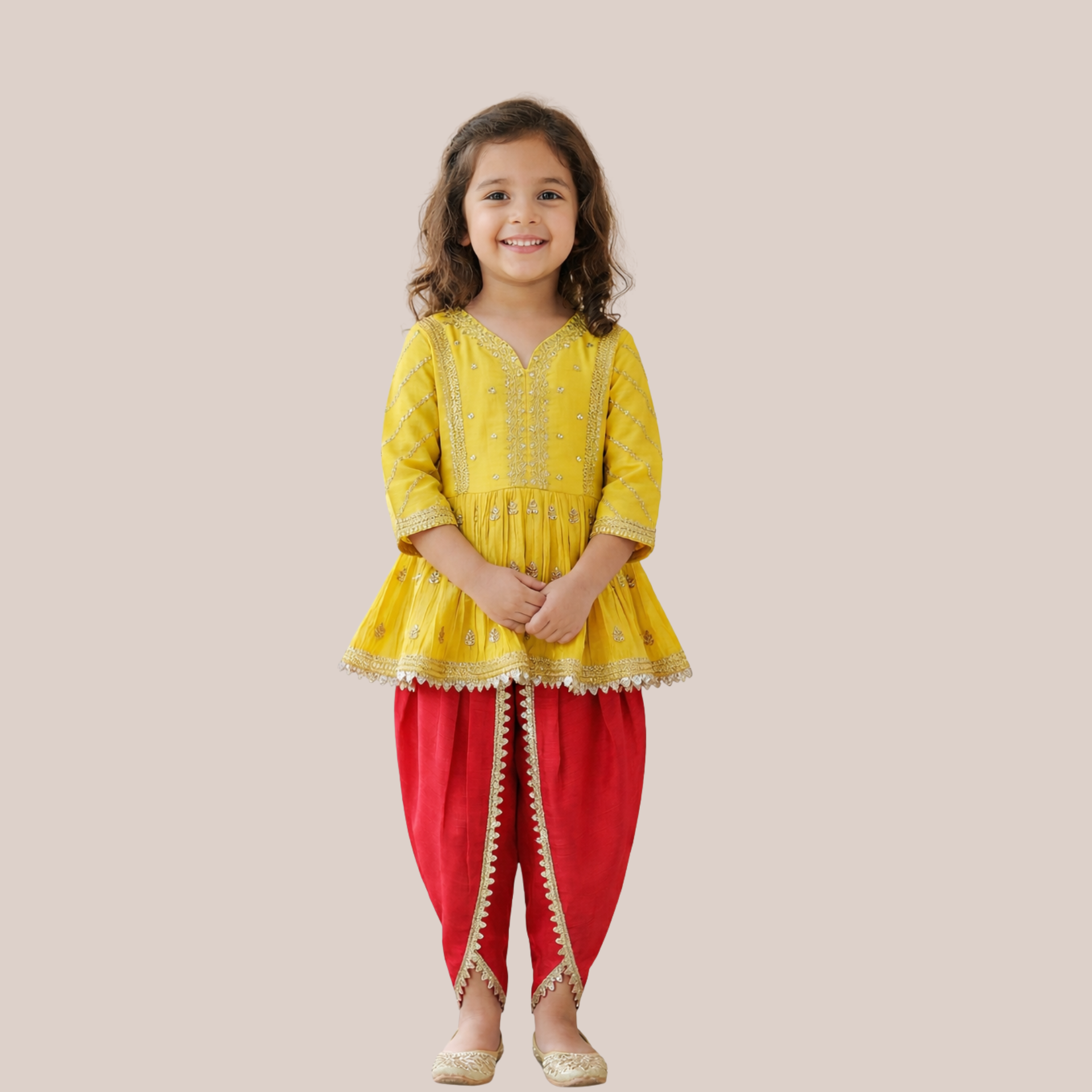 Gold Zari-Embroidered Peplum-Style Top Paired with a Classic Dhoti. - My Store