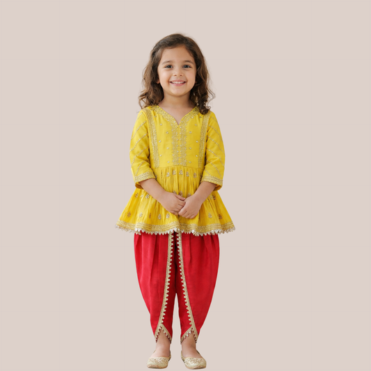 Gold Zari-Embroidered Peplum-Style Top Paired with a Classic Dhoti. - My Store