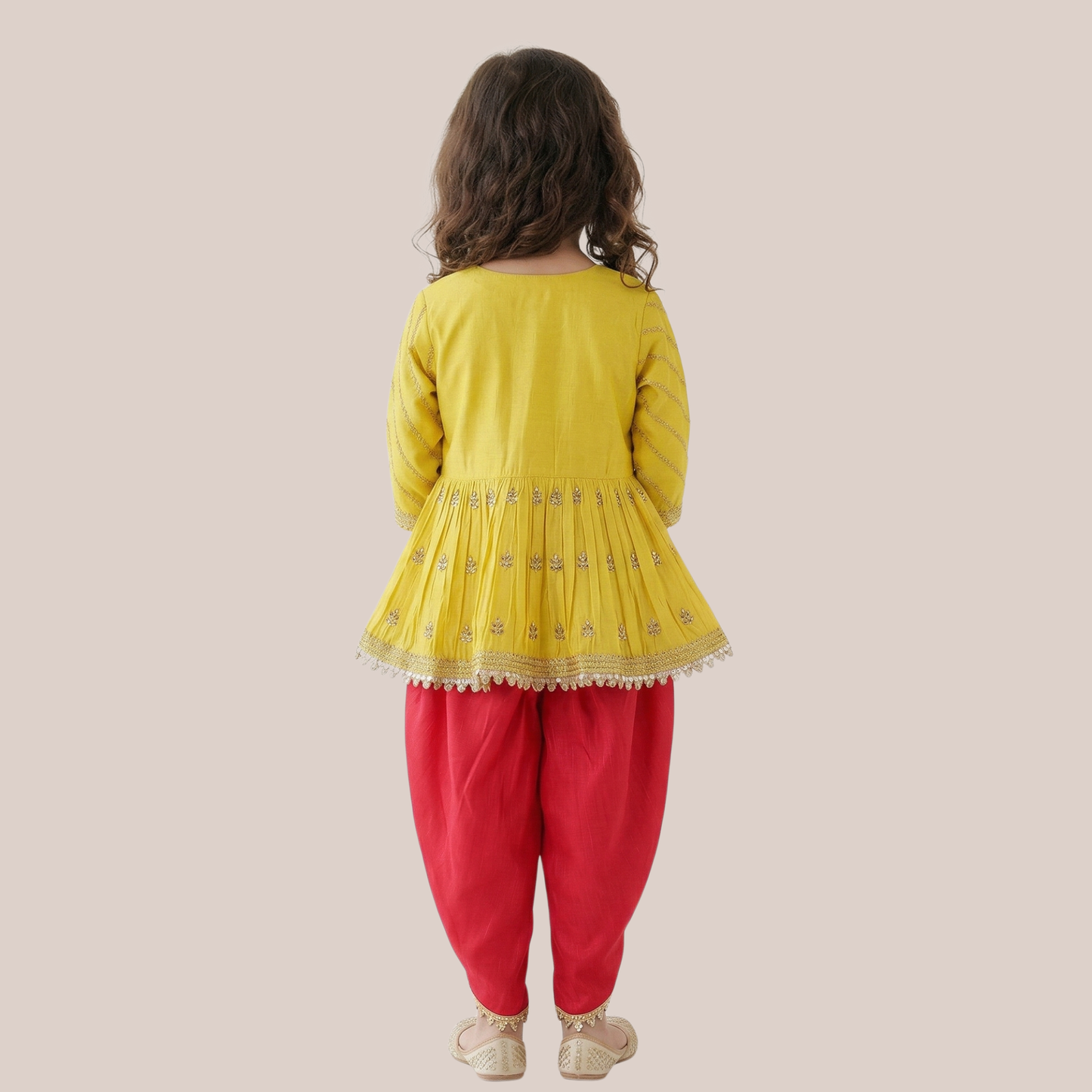 Gold Zari-Embroidered Peplum-Style Top Paired with a Classic Dhoti. - My Store