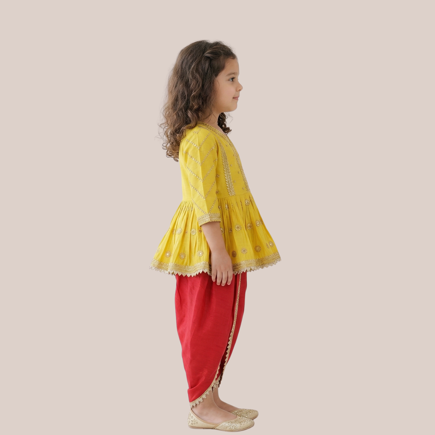 Gold Zari-Embroidered Peplum-Style Top Paired with a Classic Dhoti. - My Store