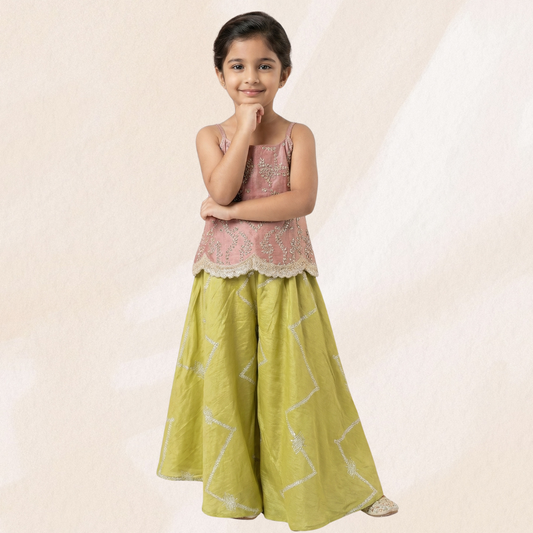 Embroidered Scallop-Hem Top aired with Flared Palazzo Pants. - My Store