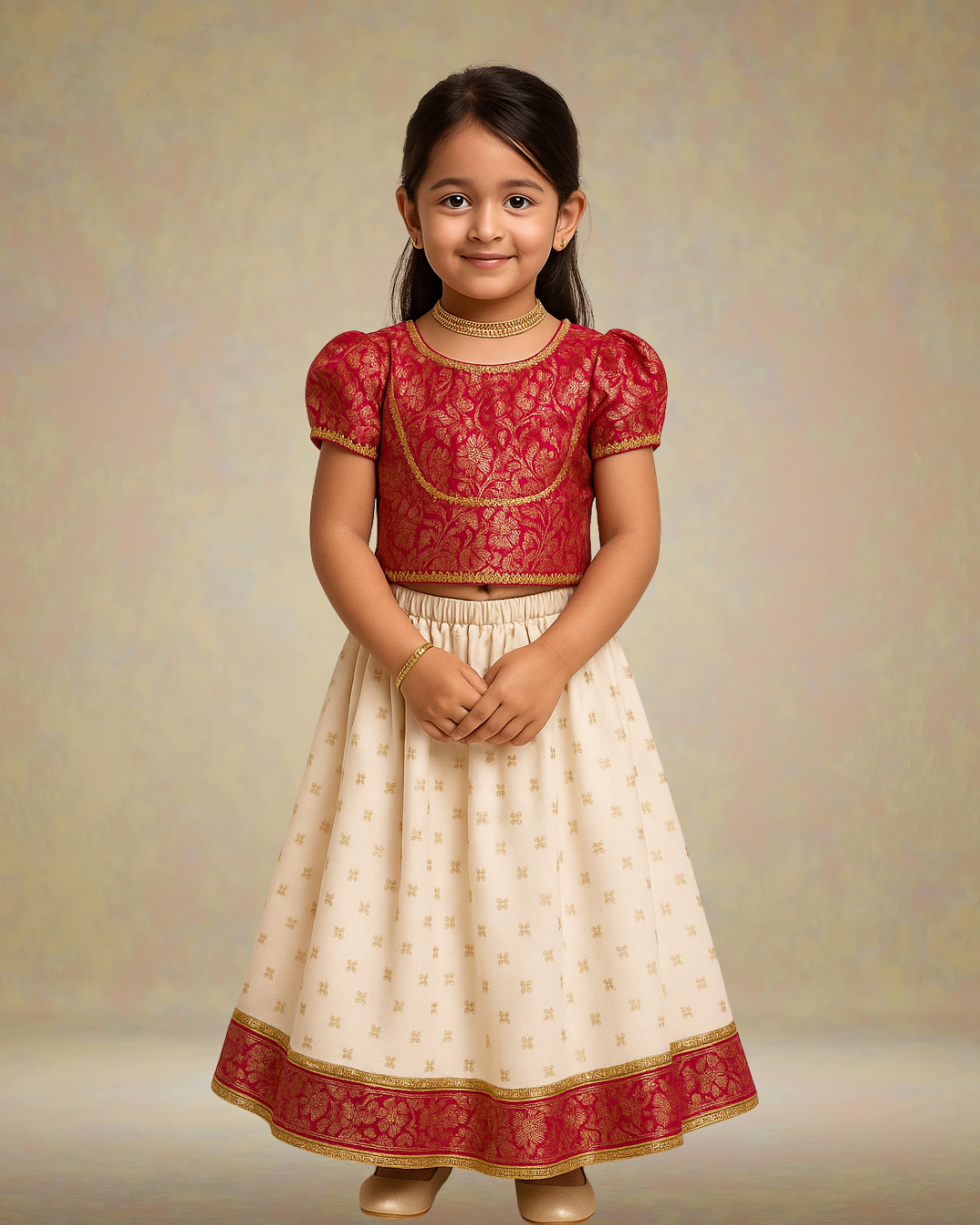 Magenta pink Brocade Top with Gotta lace detailing, paired with a flared Lehenga. - My Store