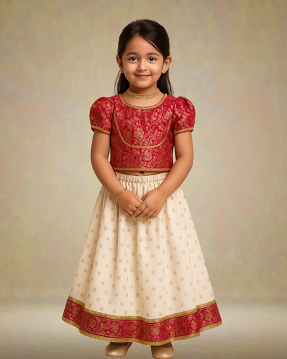 Magenta pink Brocade Top with Gotta lace detailing, paired with a flared Lehenga. - My Store