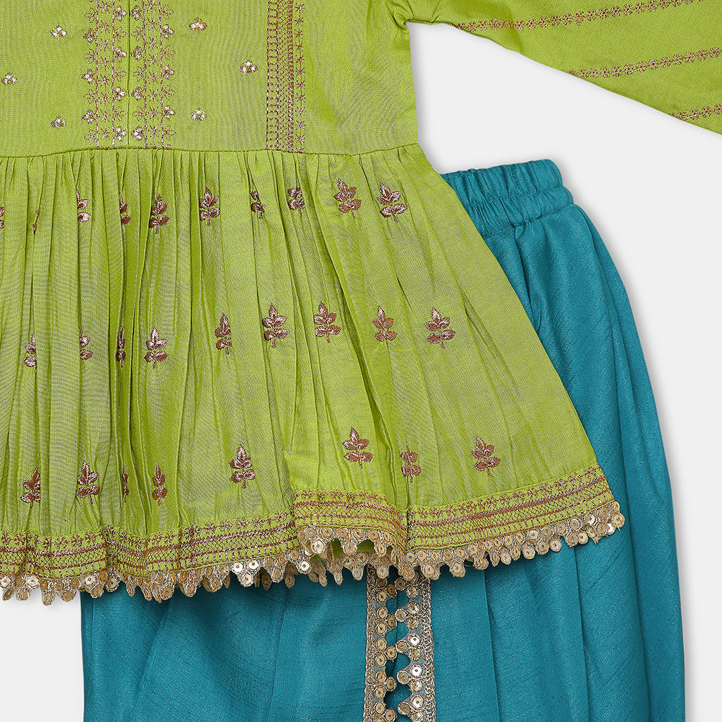 Gold Zari-Embroidered peplum-style top paired with a classic Dhoti. - My Store