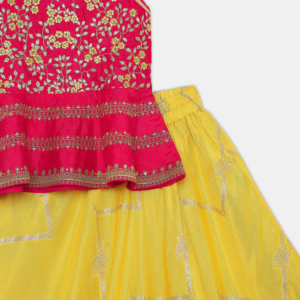 Flared Peplum Top with Gold Zari Embroidery, Paired with a Flared Lehenga. - My Store