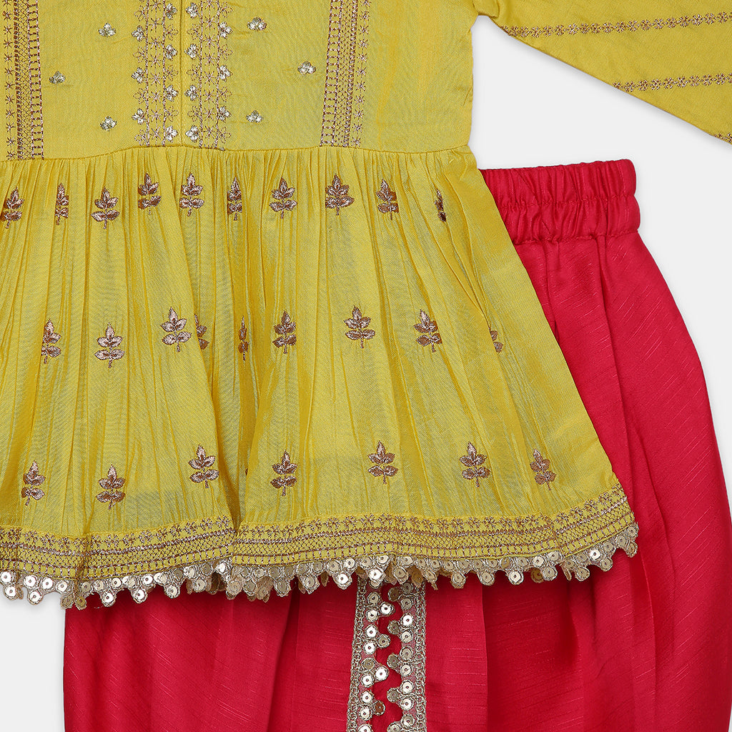 Gold Zari-Embroidered Peplum-Style Top Paired with a Classic Dhoti. - My Store