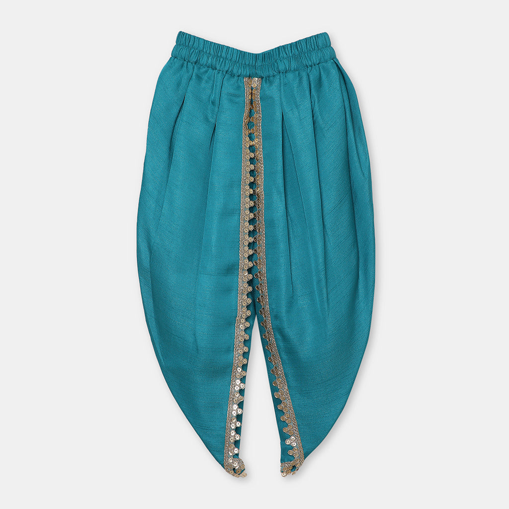 Gold Zari-Embroidered peplum-style top paired with a classic Dhoti. - My Store