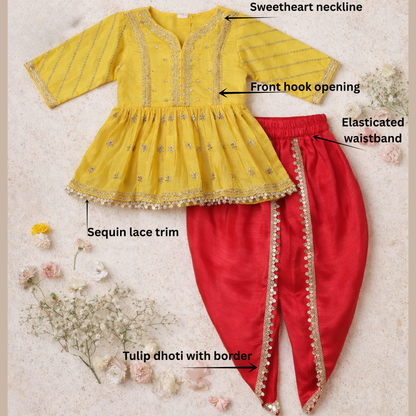 Gold Zari-Embroidered Peplum-Style Top Paired with a Classic Dhoti. - My Store
