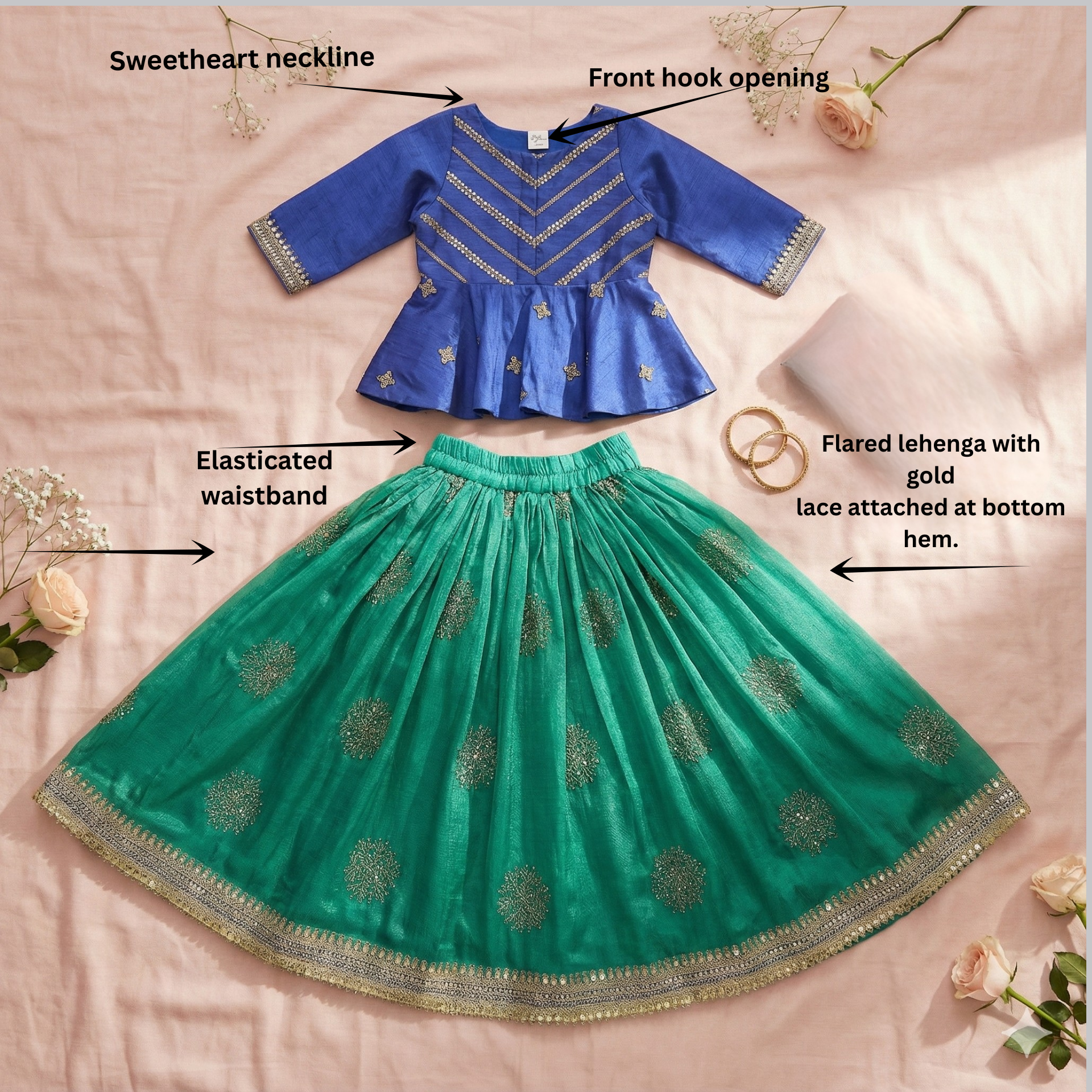 Gold Zari and Sequence Work Peplum Top with Shaded Lehenga. - My Store