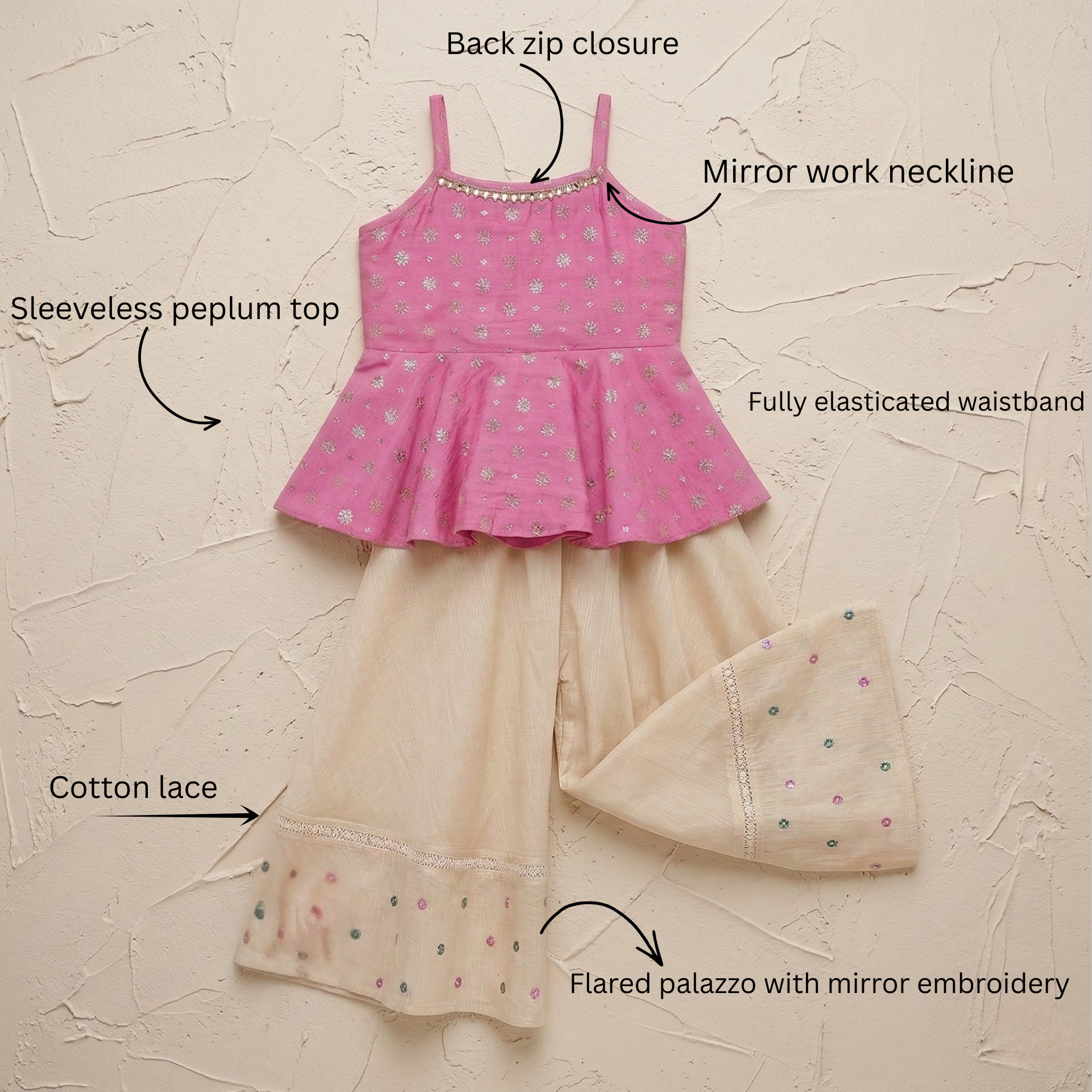 Flared Peplum Chanderi Top Featuring Delicate Motifs work, Paired with Embroidered Flared Palazzos. - My Store
