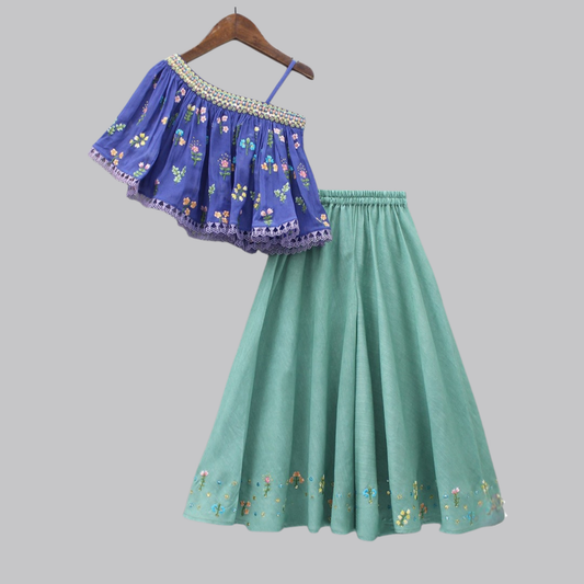 Multicolored Thread Embroidered One Shoulder Top with Palazzo. - My Store