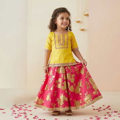 A Beautifully Yoke-Embroidered Top Complemented by Gold Floral- Foile Printed Palazzos. - My Store