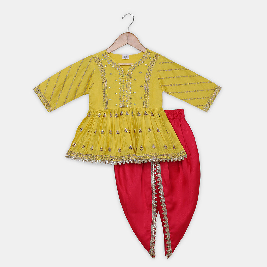 Gold Zari-Embroidered Peplum-Style Top Paired with a Classic Dhoti. - My Store