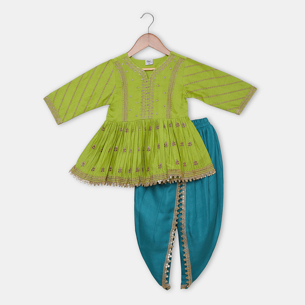 Gold Zari-Embroidered peplum-style top paired with a classic Dhoti. - My Store