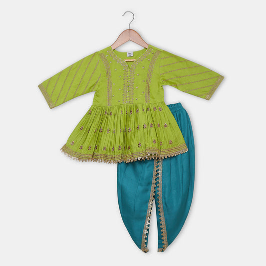 Gold Zari-Embroidered peplum-style top paired with a classic Dhoti. - My Store