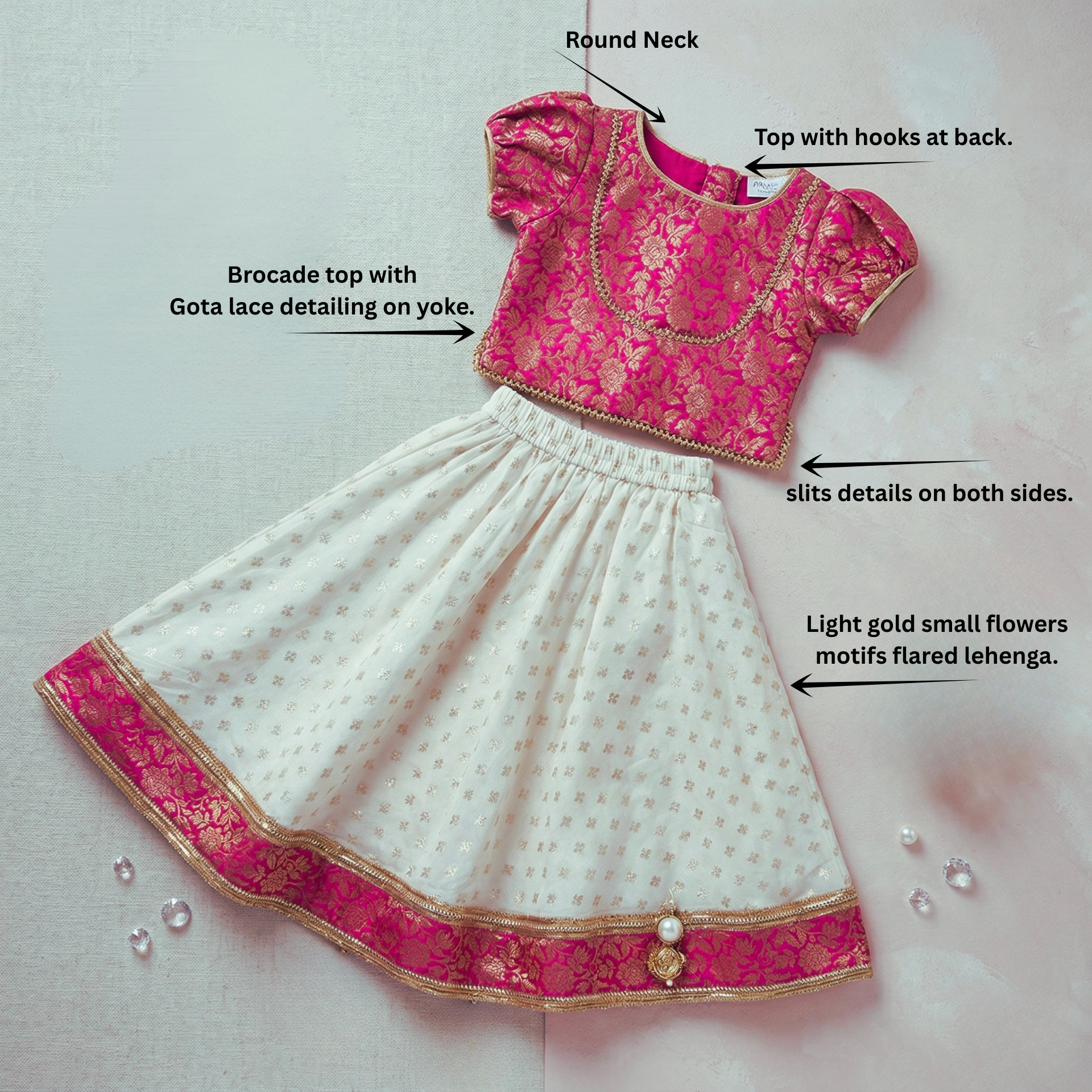 Magenta pink Brocade Top with Gotta lace detailing, paired with a flared Lehenga. - My Store