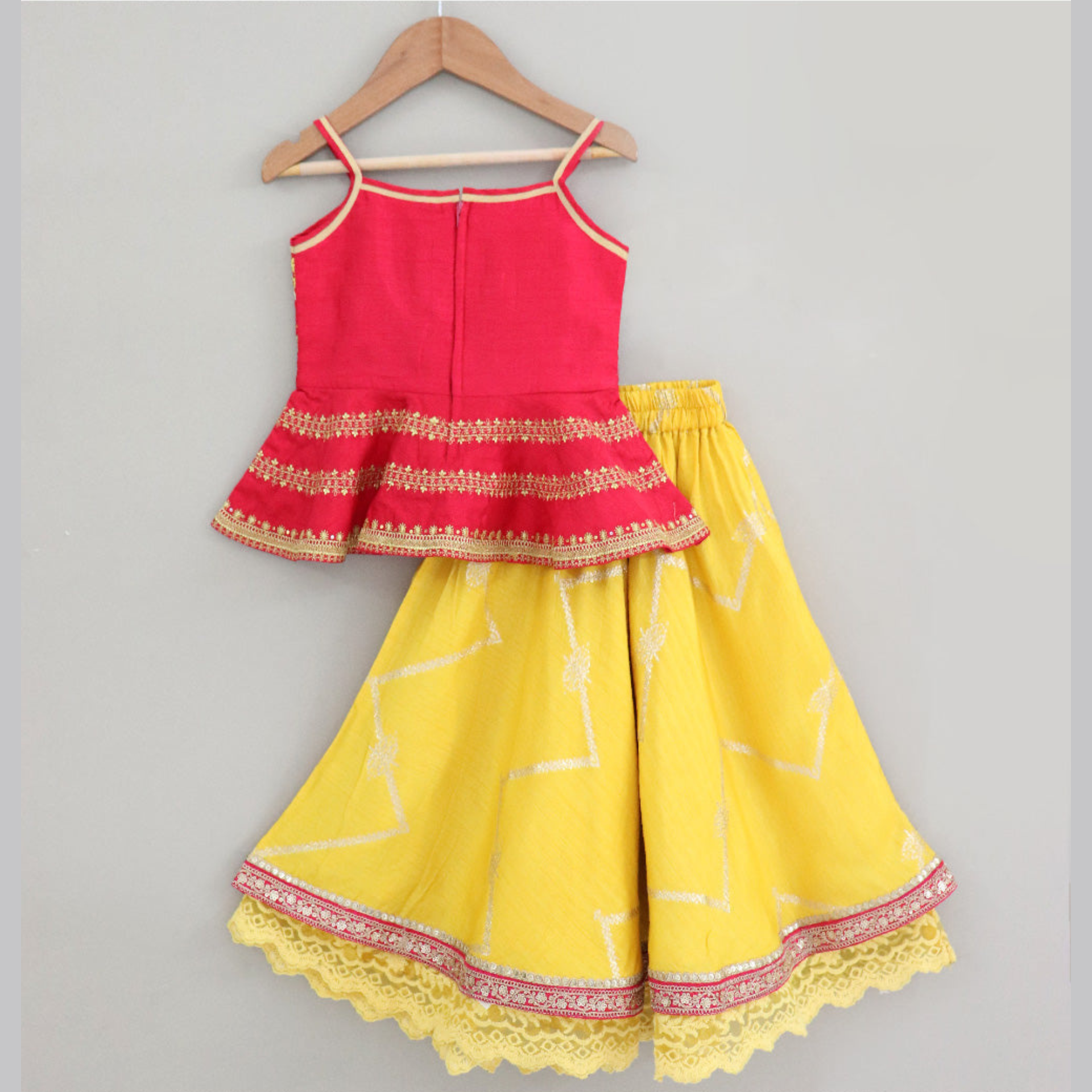 Flared Peplum Top with Gold Zari Embroidery, Paired with a Flared Lehenga. - My Store