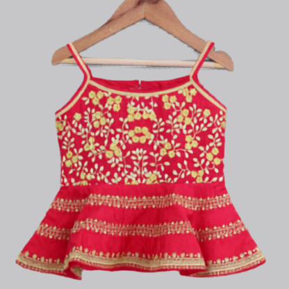 Flared Peplum Top with Gold Zari Embroidery, Paired with a Flared Lehenga. - My Store