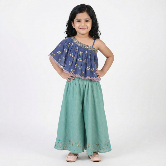 Multicolored Thread Embroidered One Shoulder Top with Palazzo. - My Store