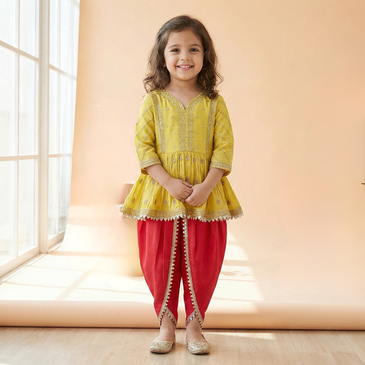 Gold Zari-Embroidered Peplum-Style Top Paired with a Classic Dhoti. - My Store