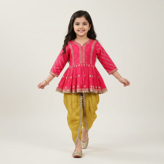 Gold Zari-Embroidered Peplum-Style Top Paired with a Classic Dhoti. - My Store