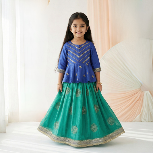 Gold Zari and Sequence Work Peplum Top with Shaded Lehenga. - My Store