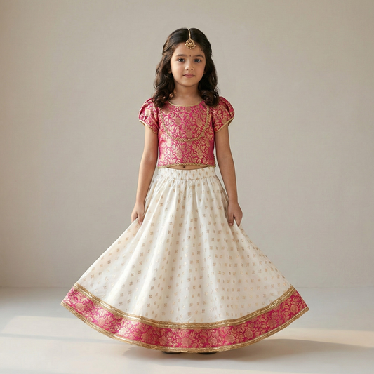 Magenta pink Brocade Top with Gotta lace detailing, paired with a flared Lehenga. - My Store