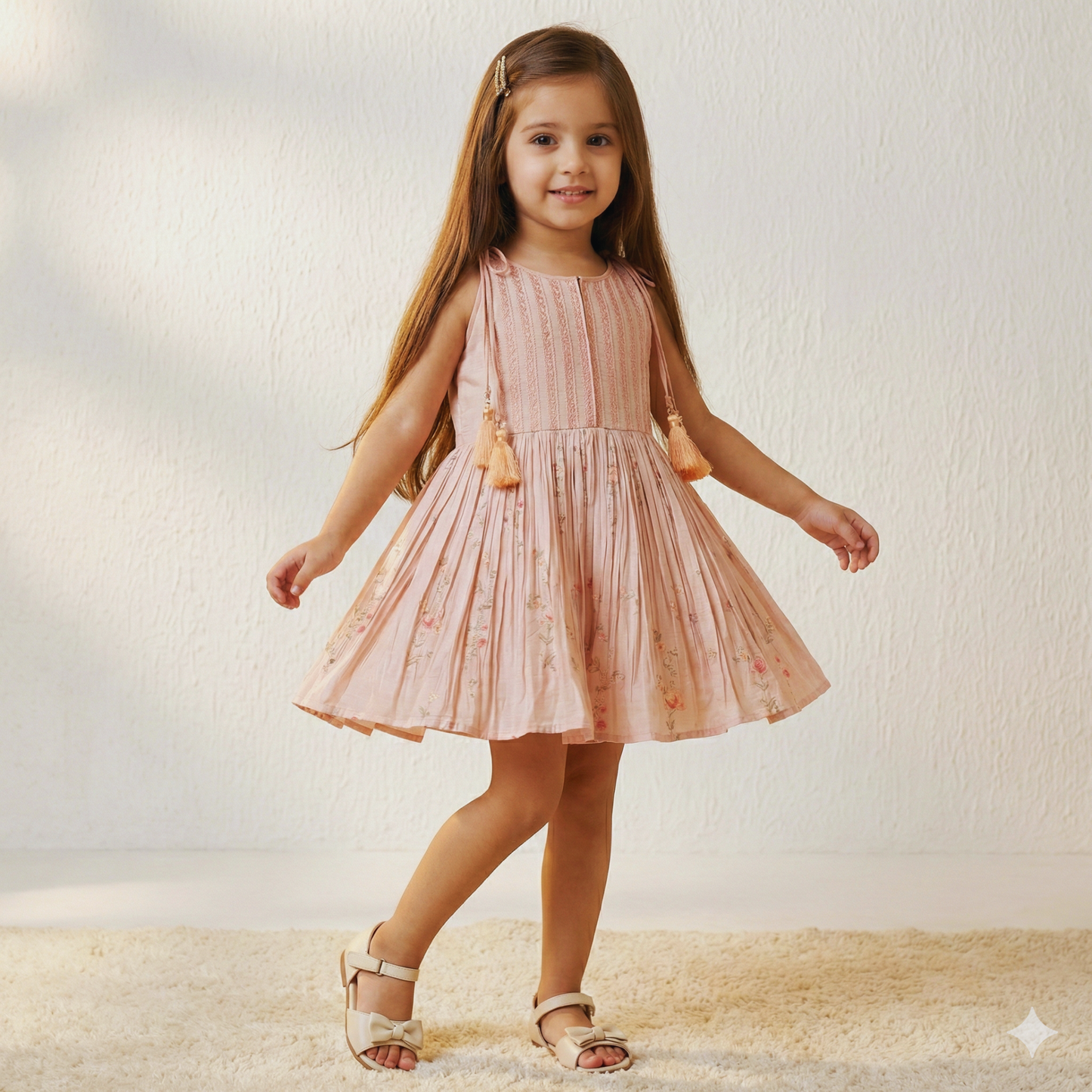 Blush Pink Embroidered Sleeveless Dress with Floral Print & Tassel Detail - My Store