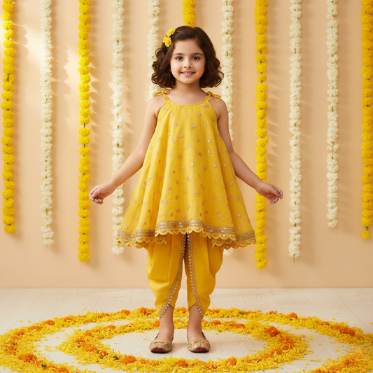 Yellow Embroidered Flared Top Paired with a Tulip-Style Dhoti. - My Store