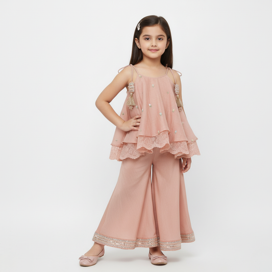 Peach Embroidered Strappy Flared Top Paired with Matching Flared Palazzo Pants. - My Store
