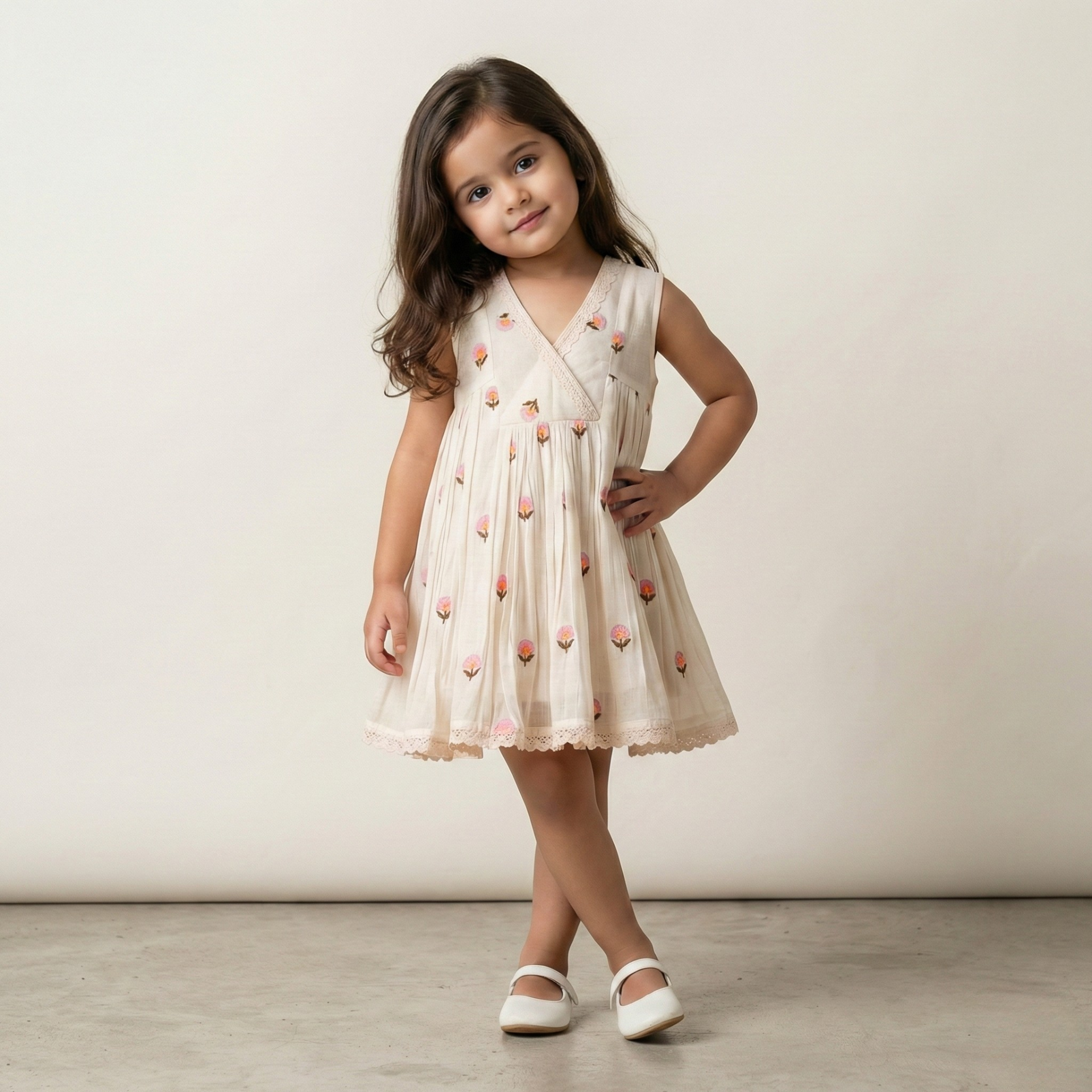 Off-White Sleeveless Embroidered Dress with Lace-Trimmed V-Neck & Flared Hem. - My Store