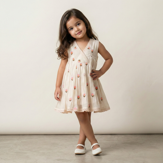 Off-White Sleeveless Embroidered Dress with Lace-Trimmed V-Neck & Flared Hem. - My Store