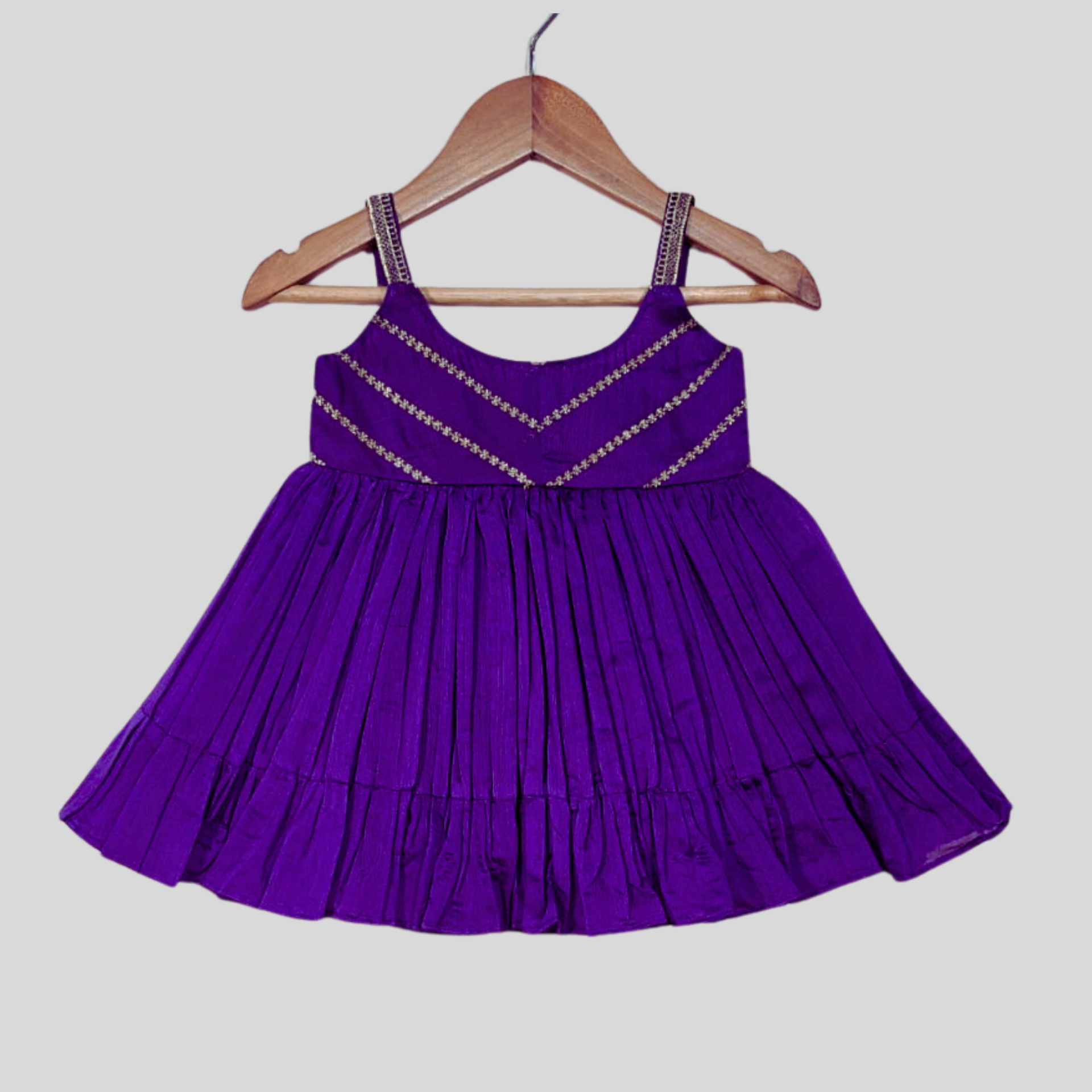 Deep Purple Sleeveless Dress with Gold Threads Detailing & Tiered Flared Hem. - My Store