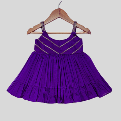 Deep Purple Sleeveless Dress with Gold Threads Detailing & Tiered Flared Hem. - My Store