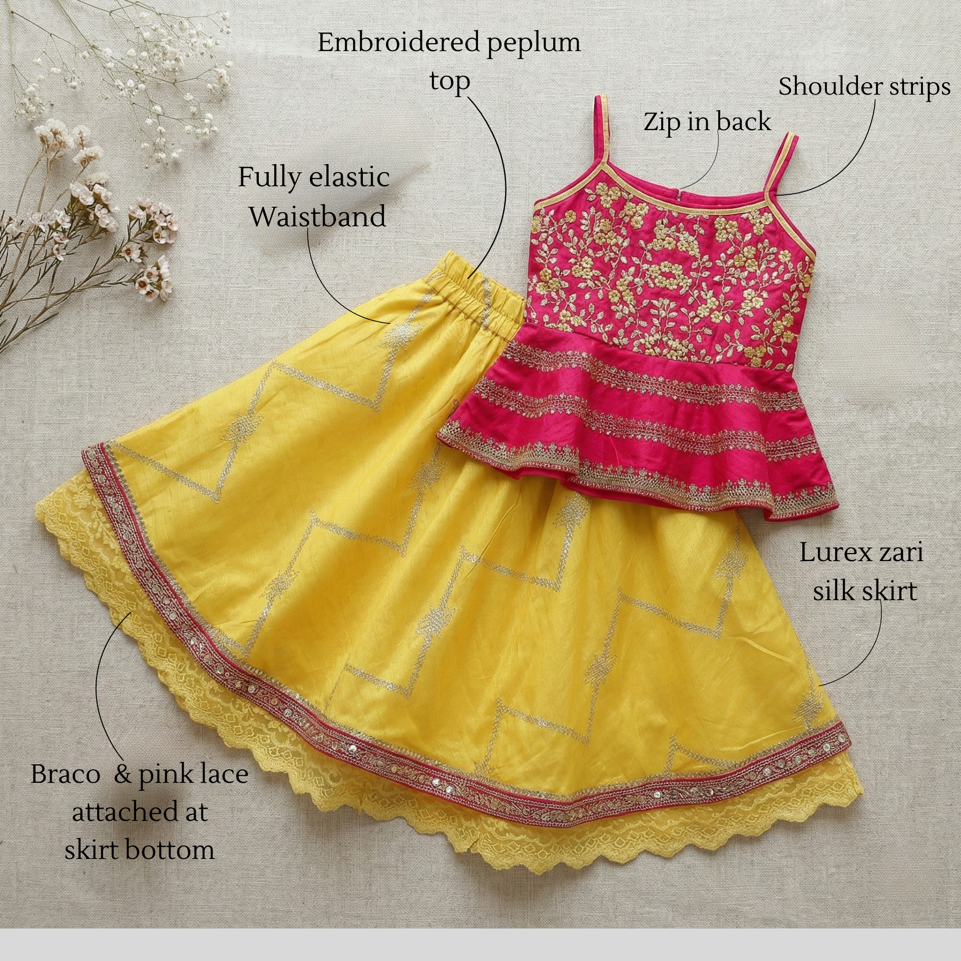 Flared Peplum Top with Gold Zari Embroidery, Paired with a Flared Lehenga. - My Store