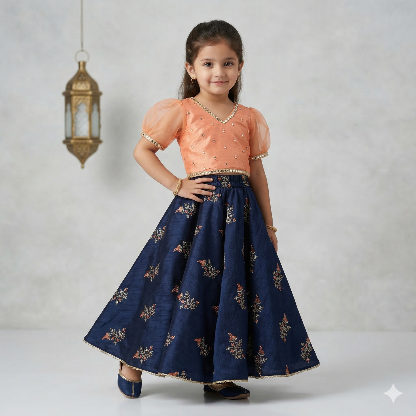 Mirror Work Embroidered Top with Flared Multi Color Lehenga. - My Store