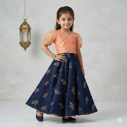 Mirror Work Embroidered Top with Flared Multi Color Lehenga. - My Store