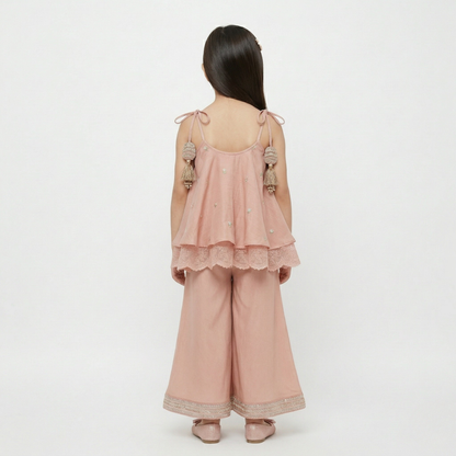 Peach Embroidered Strappy Flared Top Paired with Matching Flared Palazzo Pants. - My Store