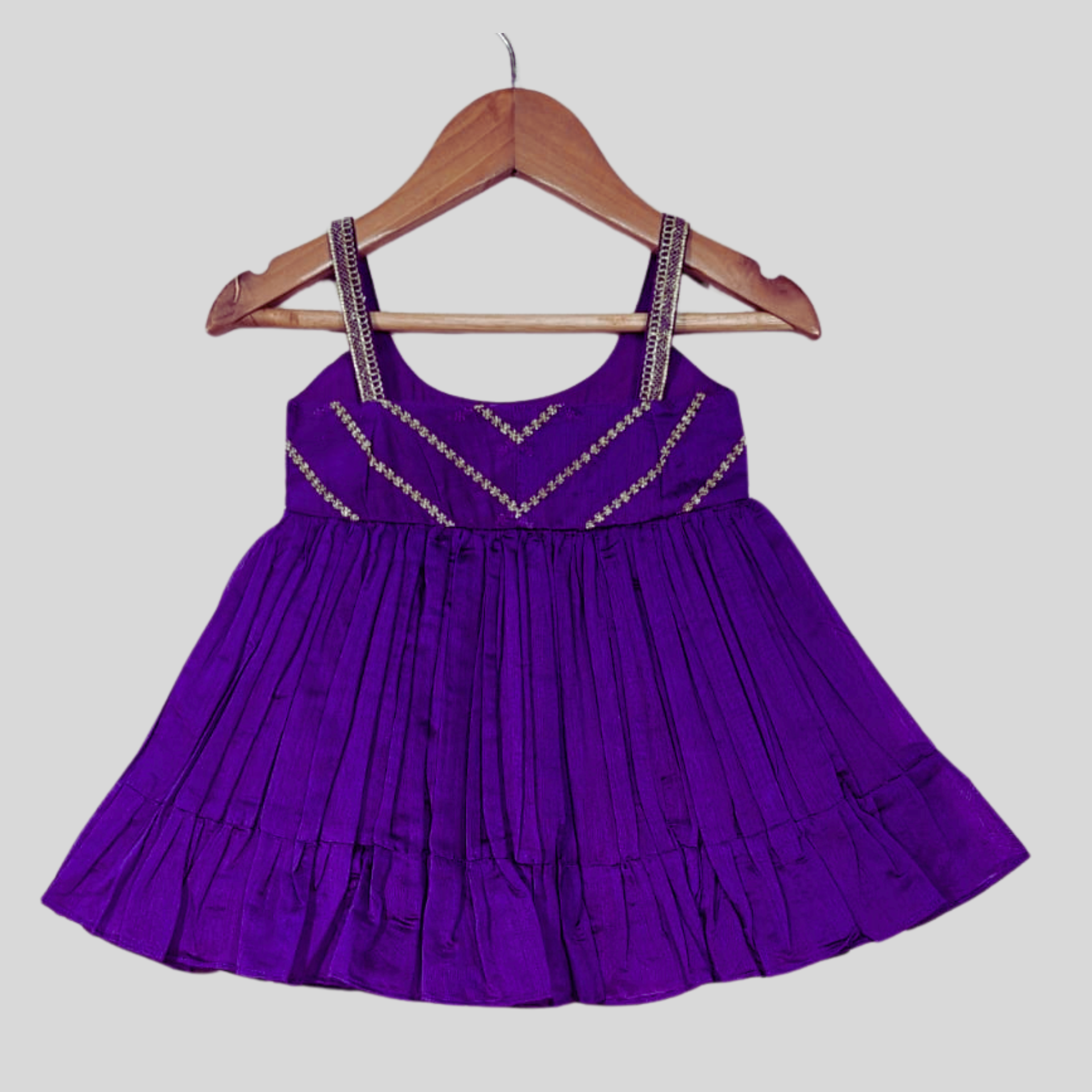 Deep Purple Sleeveless Dress with Gold Threads Detailing & Tiered Flared Hem. - My Store
