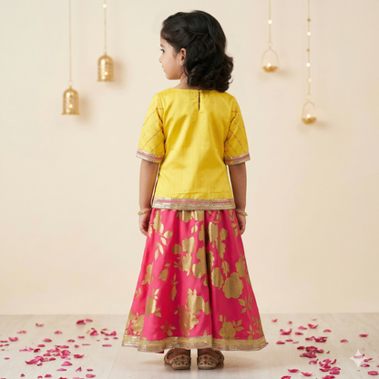 A Beautifully Yoke-Embroidered Top Complemented by Gold Floral- Foile Printed Palazzos. - My Store