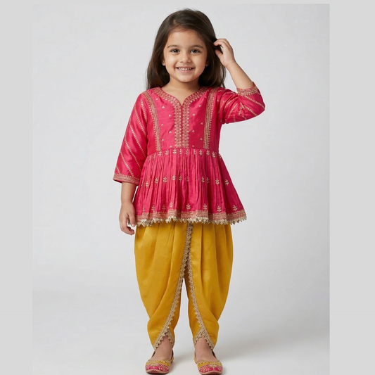 Gold Zari-Embroidered Peplum-Style Top Paired with a Classic Dhoti. - My Store